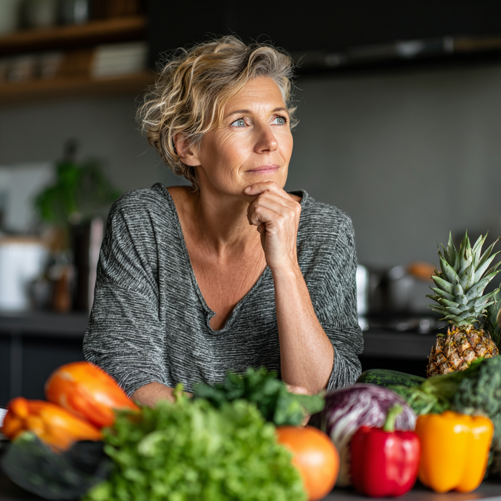 Middle-aged woman planning healthy meals with fresh vegetables and fruits on kitchen counter