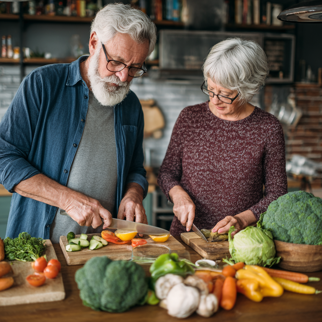Senior couple preparing nutritious meal together in modern kitchen with vegetables and healthy ingredients